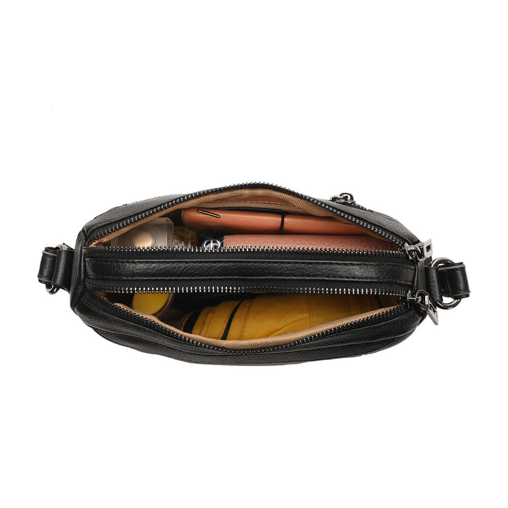 Black leather bag with a zipper