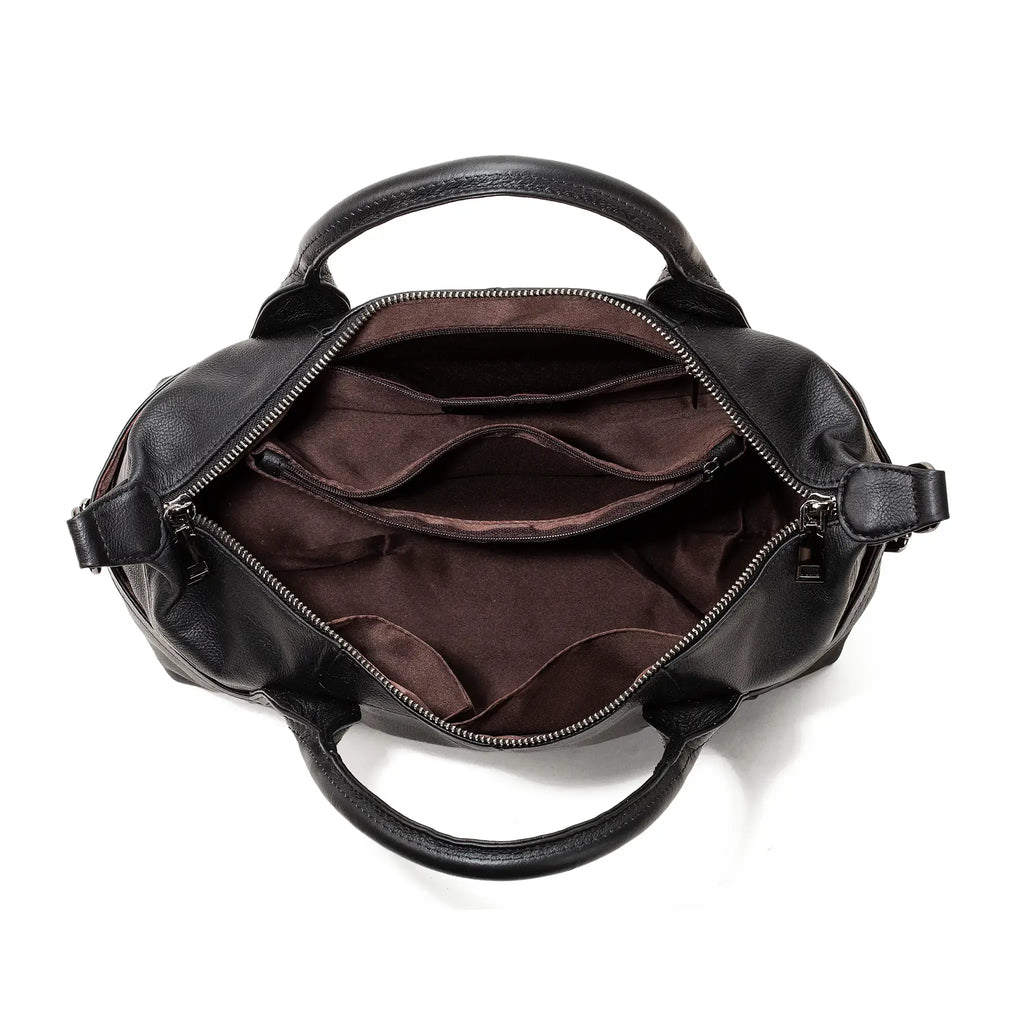 Black leather handbag with open top