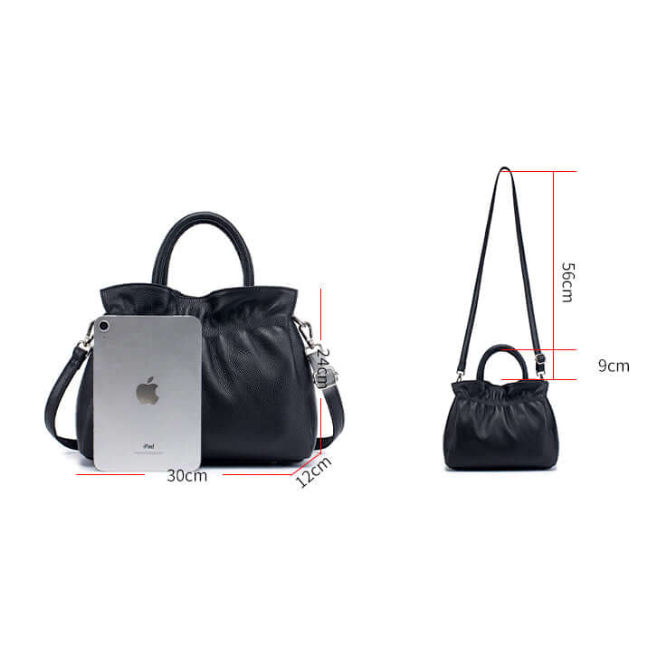 Black leather handbag with measurements