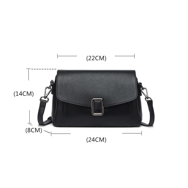 Black leather handbag with measurements