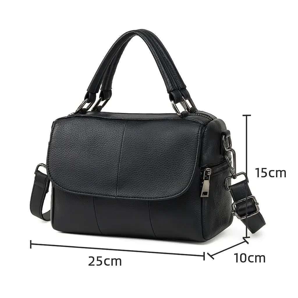 Black handbag with measurements
