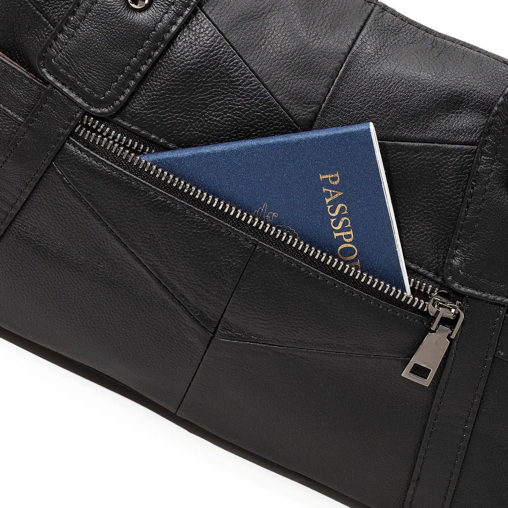 Black leather handbag with zipper pocket