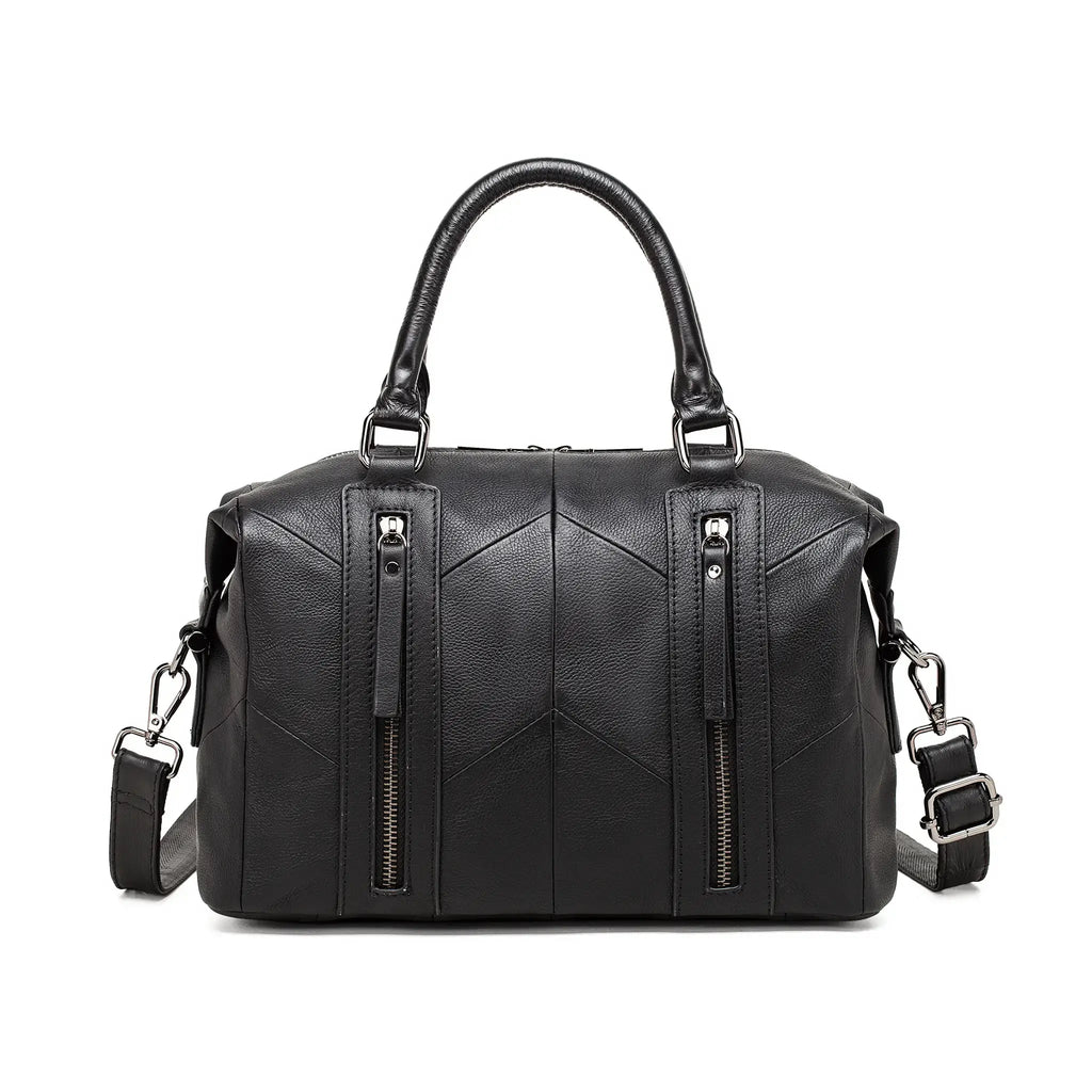 Stylish front zipper details on black genuine leather handbag
