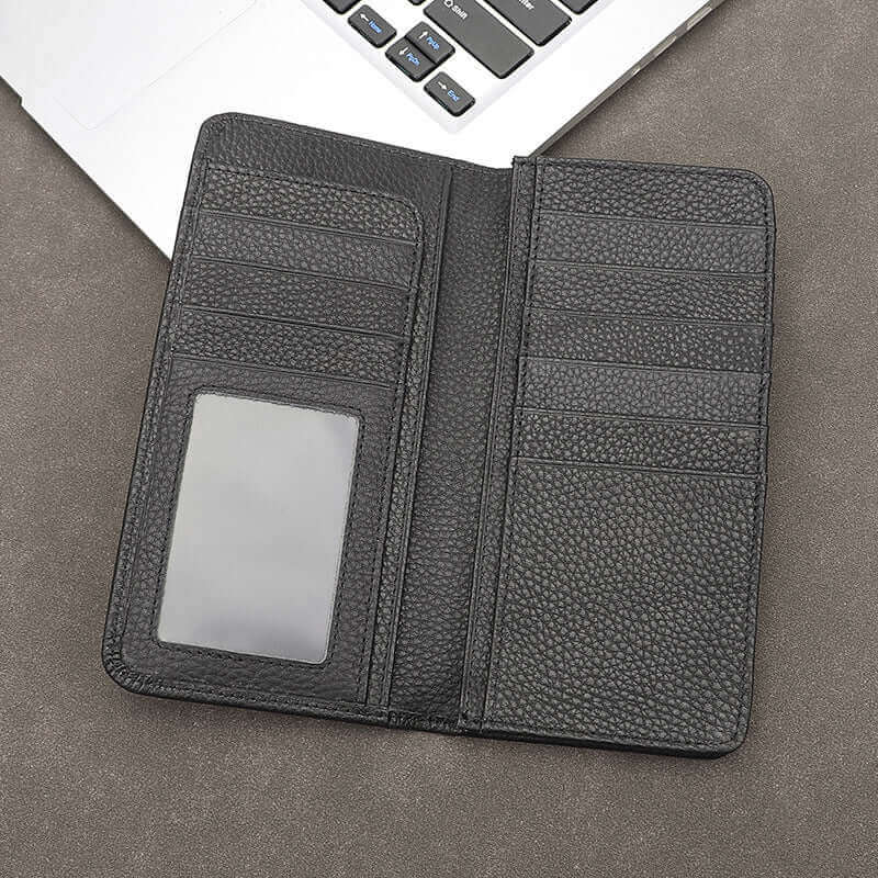 Open view of the black genuine leather long wallet.
