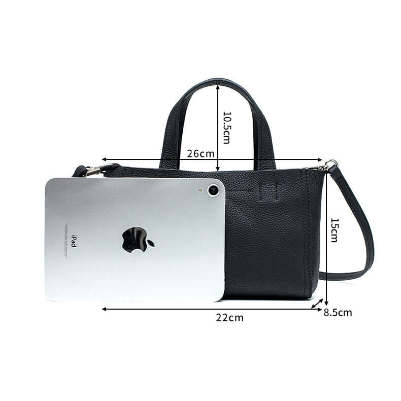 Black handbag with measurements indicated