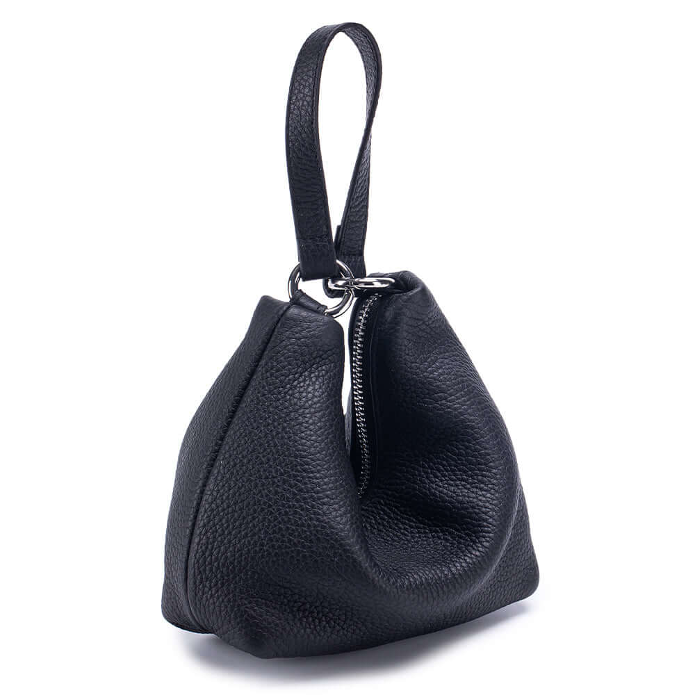 Black leather handbag with a strap