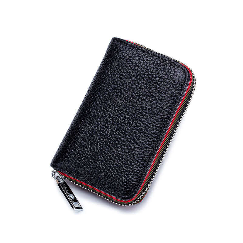 Black leather RFID card holder for women, featuring colorful woven edges and 12 card slots.