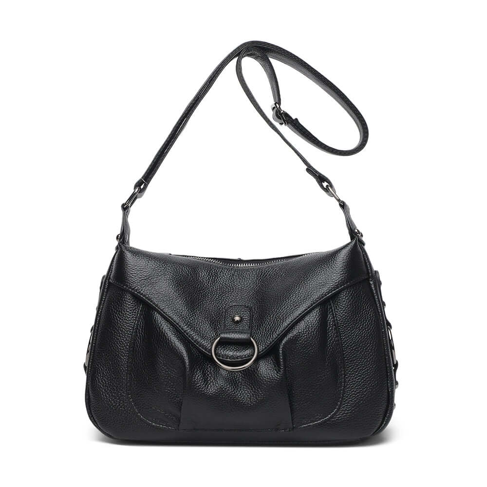 Front view of the black leather shoulder bag