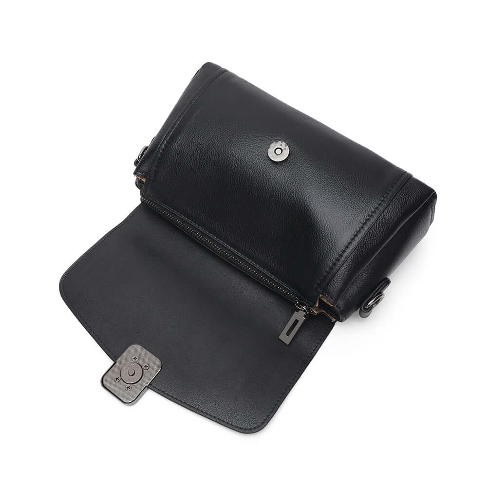 Open view of the black leather handbag