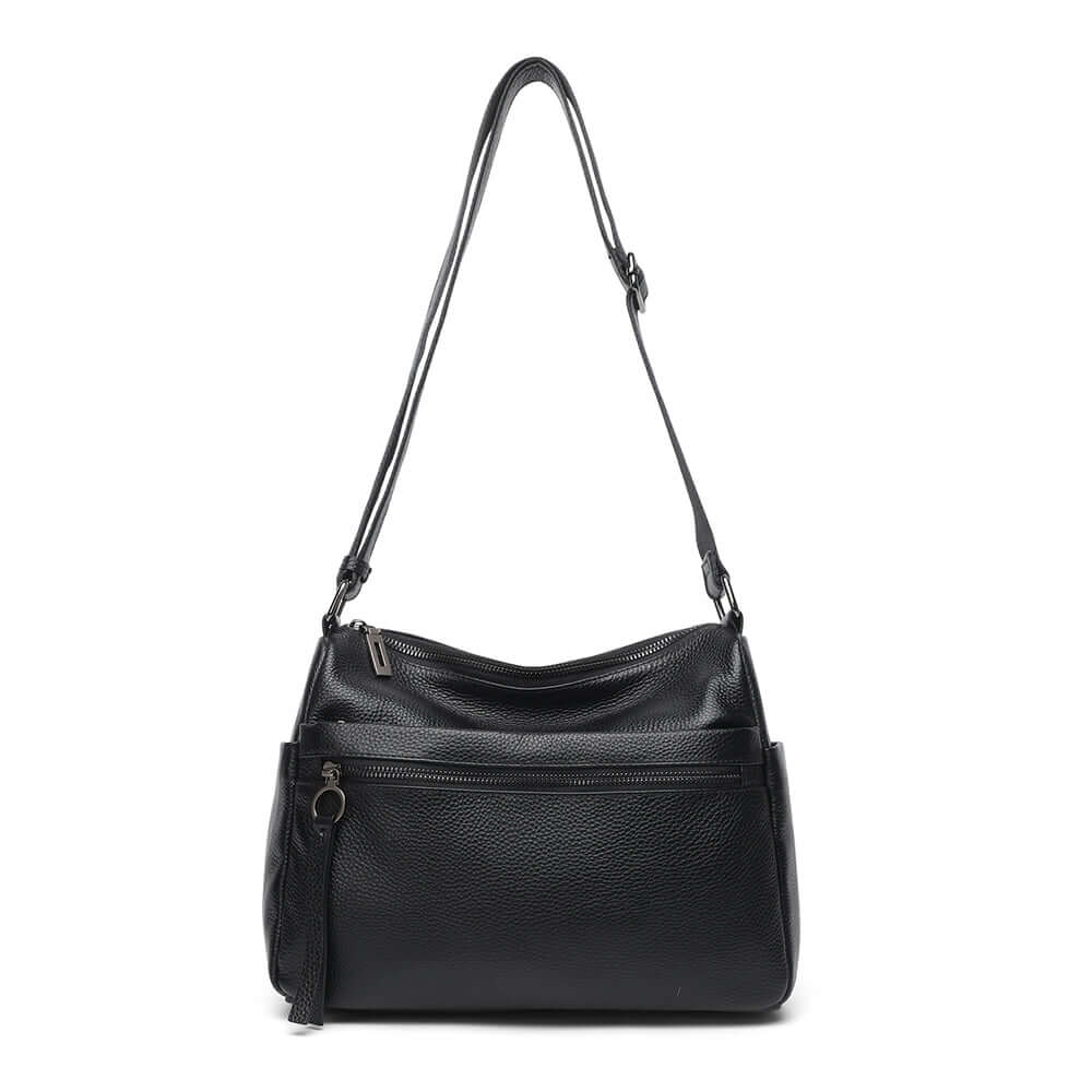 Leather shoulder bag shown with long strap