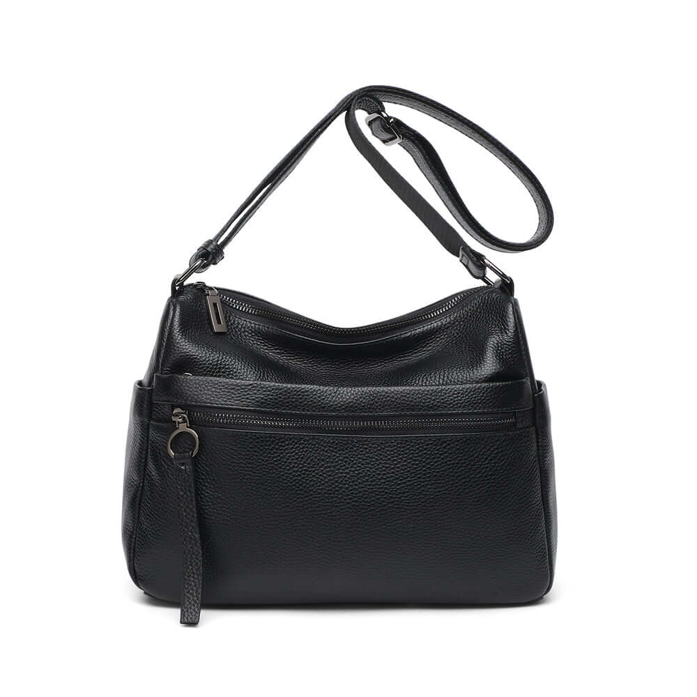Front view of black leather shoulder bag