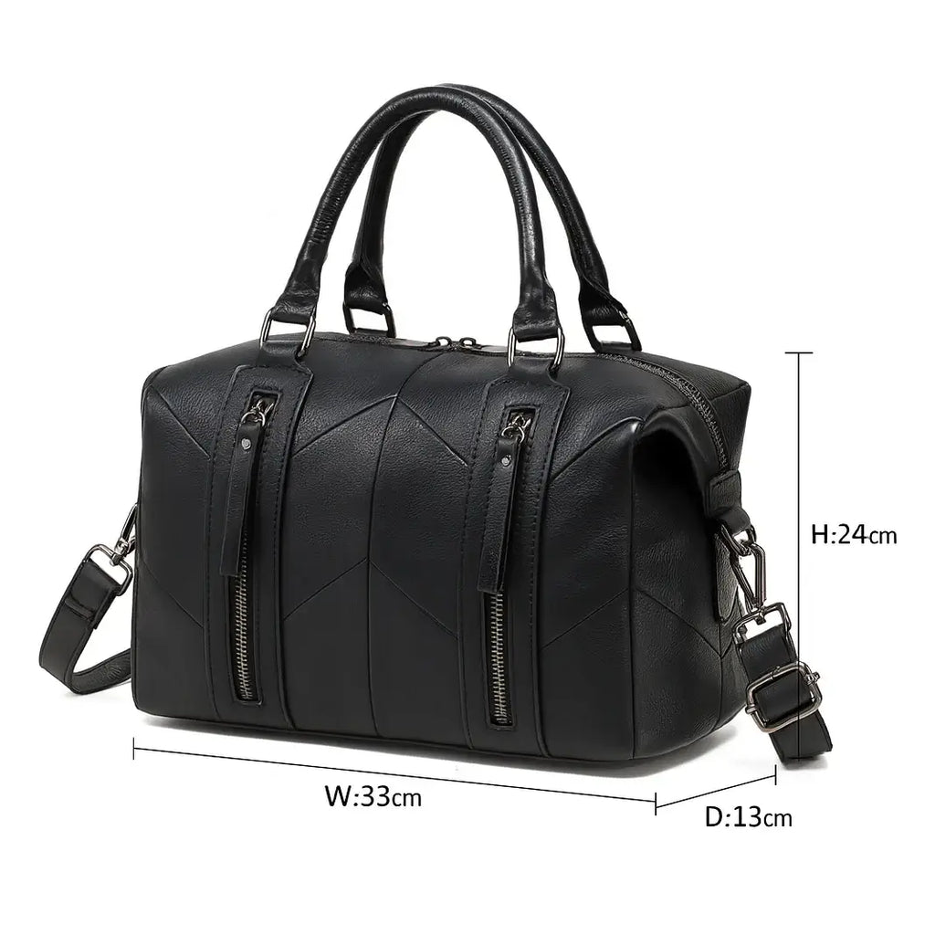 Black leather handbag with dimensions