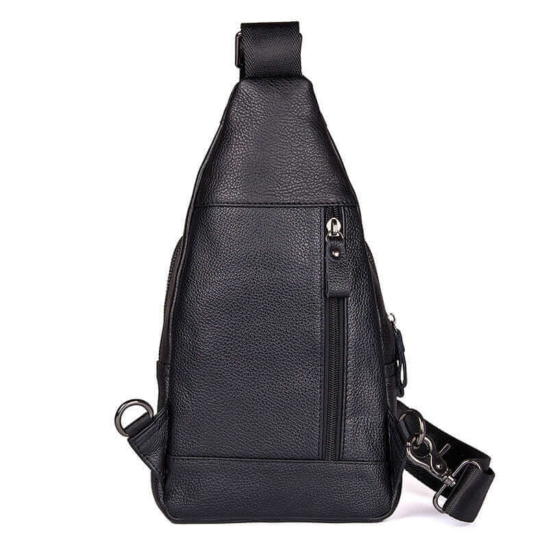Back view of the black leather sling bag.