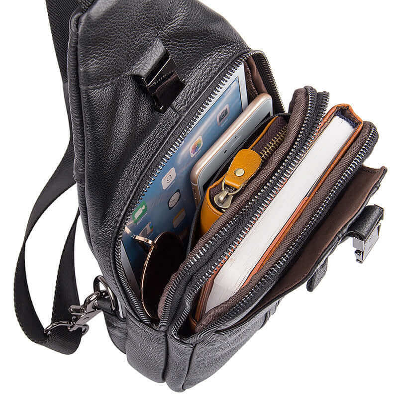 Open view of the men's genuine leather sling crossbody bag.