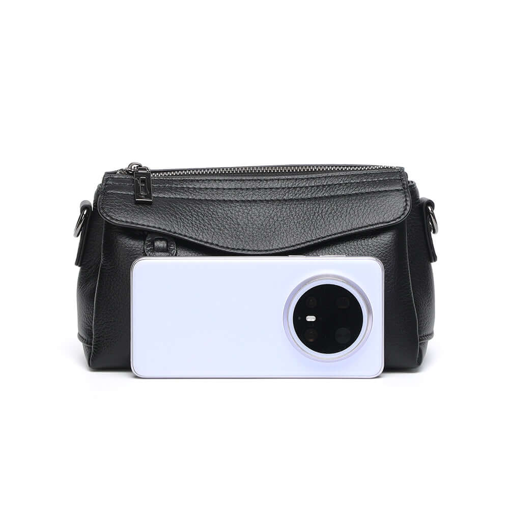 Black leather small crossbody bag size comparison.