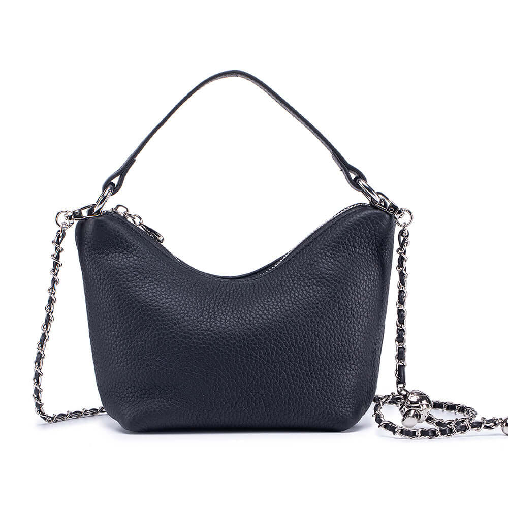 Black leather handbag with chain detail