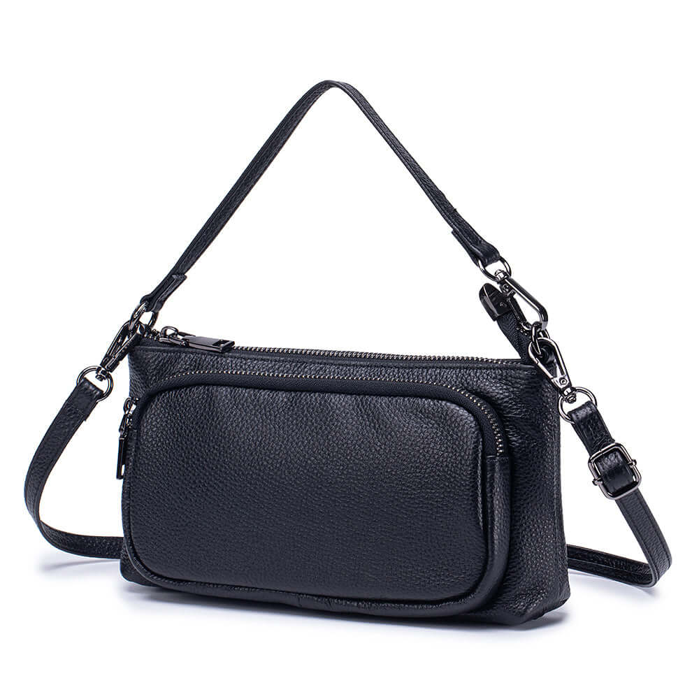Black leather crossbody bag with a strap