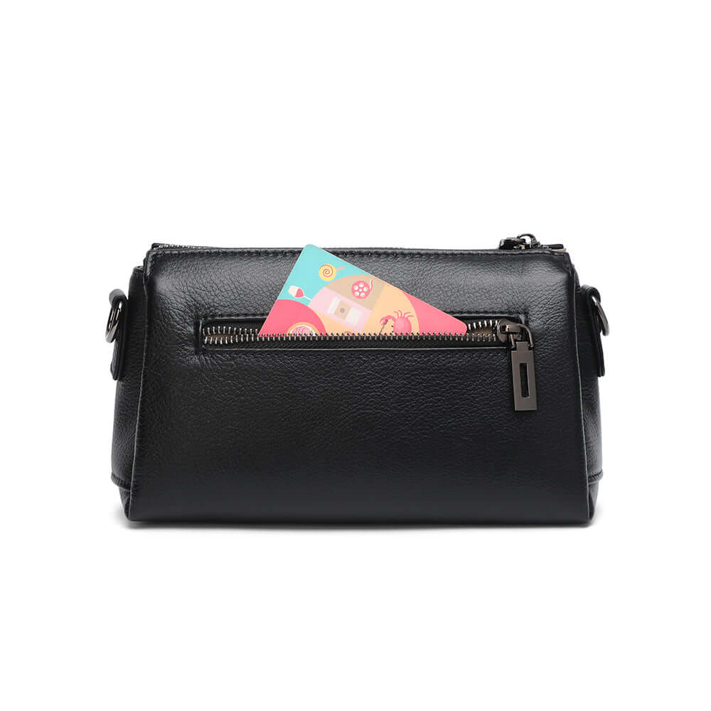 Back view of the black leather small bag.