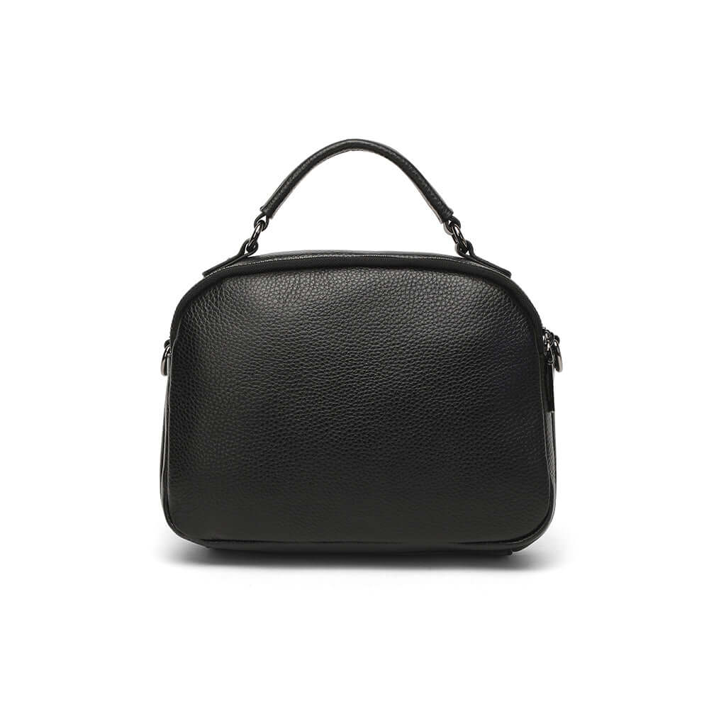 Back view of black leather handbag