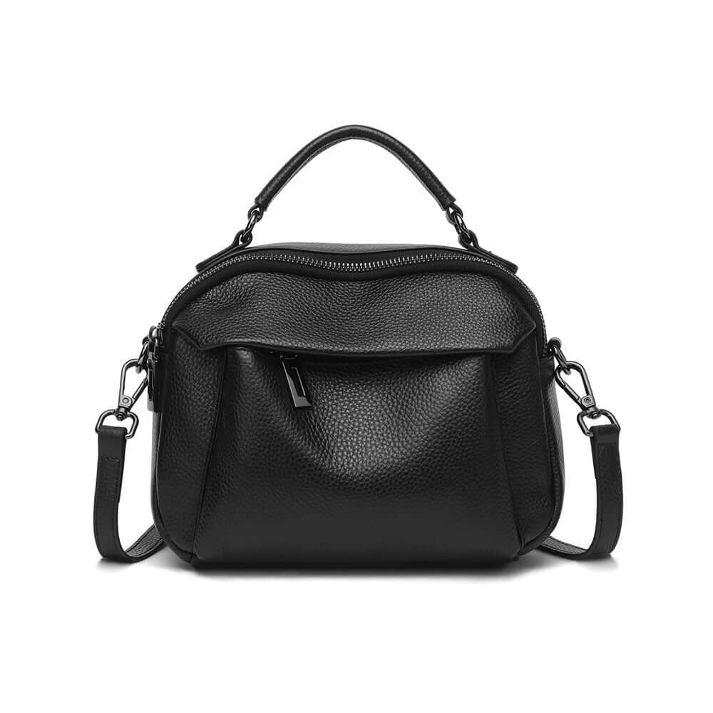 Front view of small black leather handbag