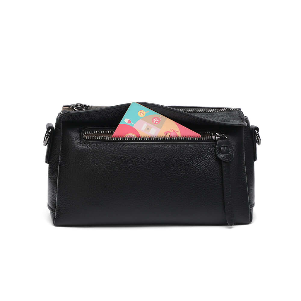 Front view of the black leather small bag.