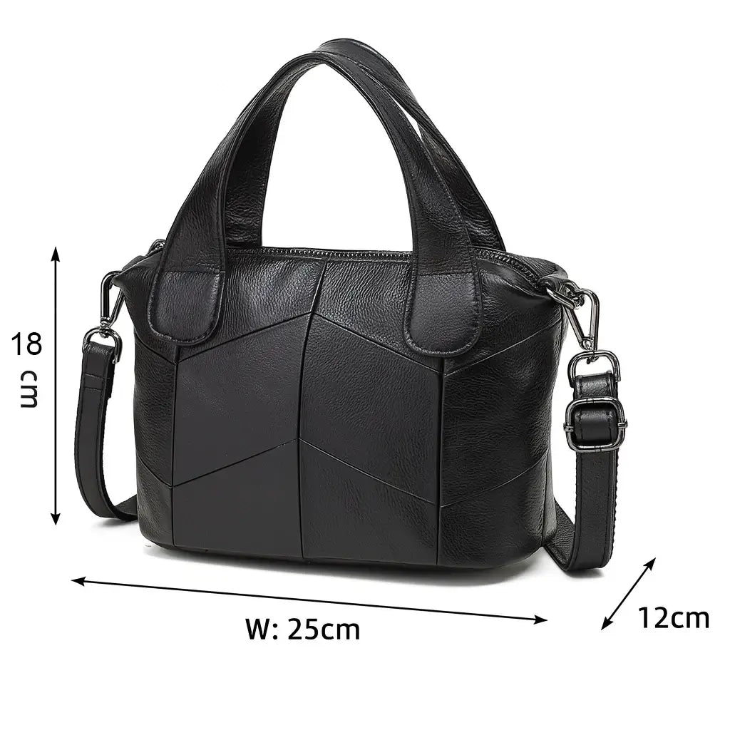 Black handbag with measurements