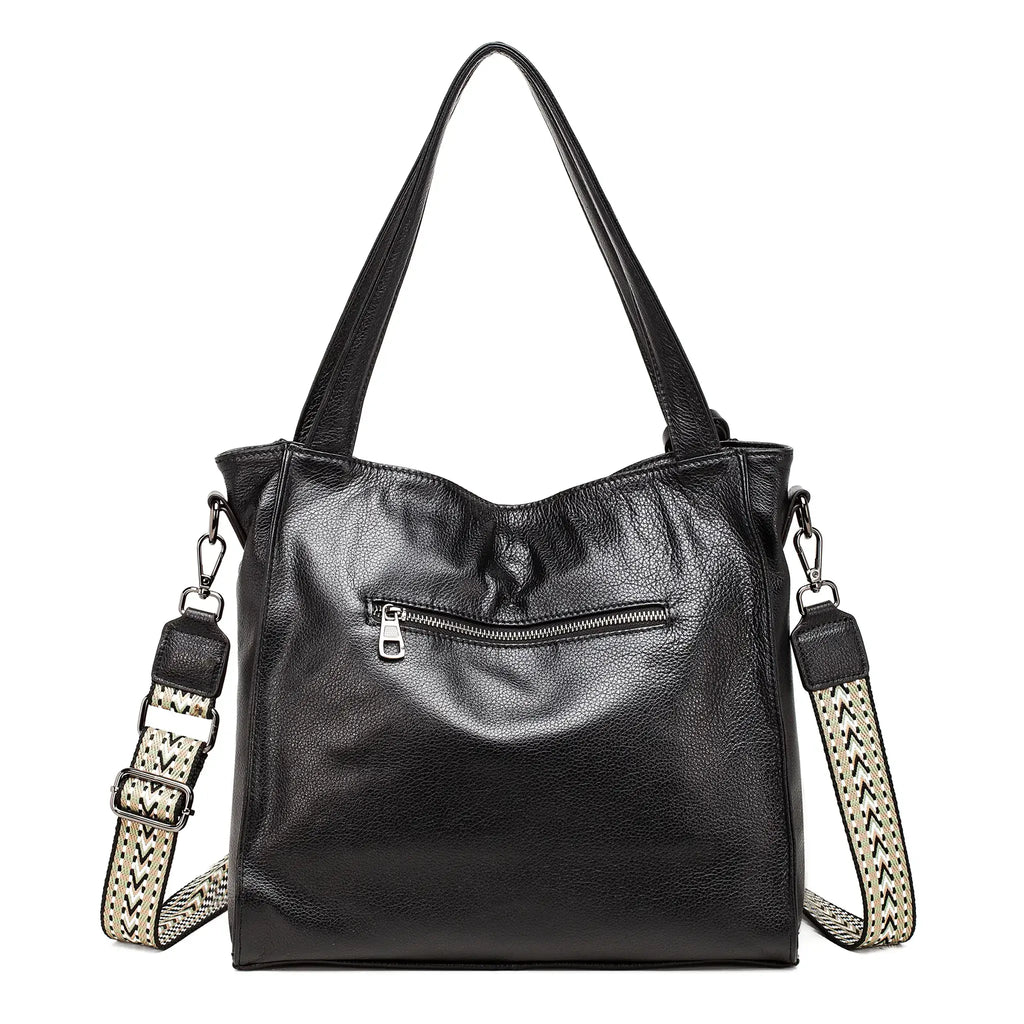 Back view of minimalist black leather tote bag