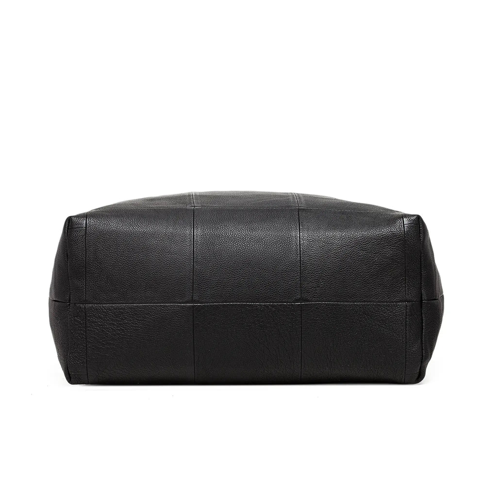 Black leather duffel bag on a white background