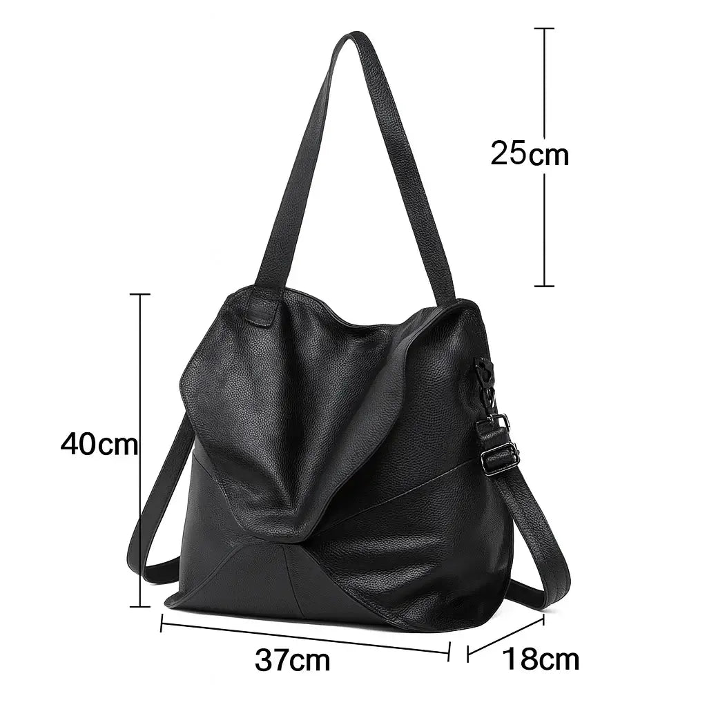 Black leather shoulder bag with measurements 
