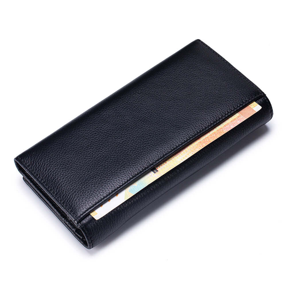 Black leather wallet with money inside