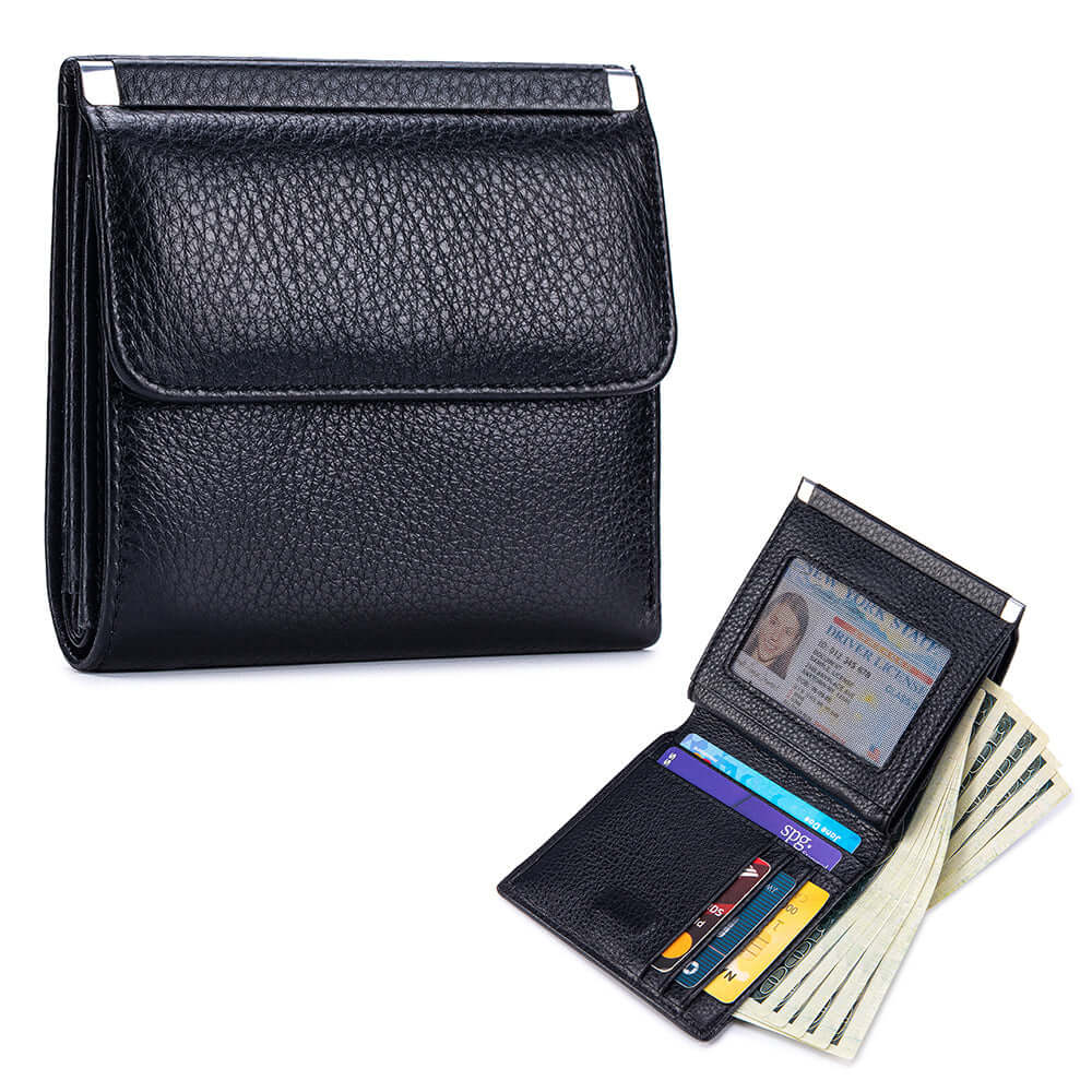 Black leather wallet with card slots and money clip