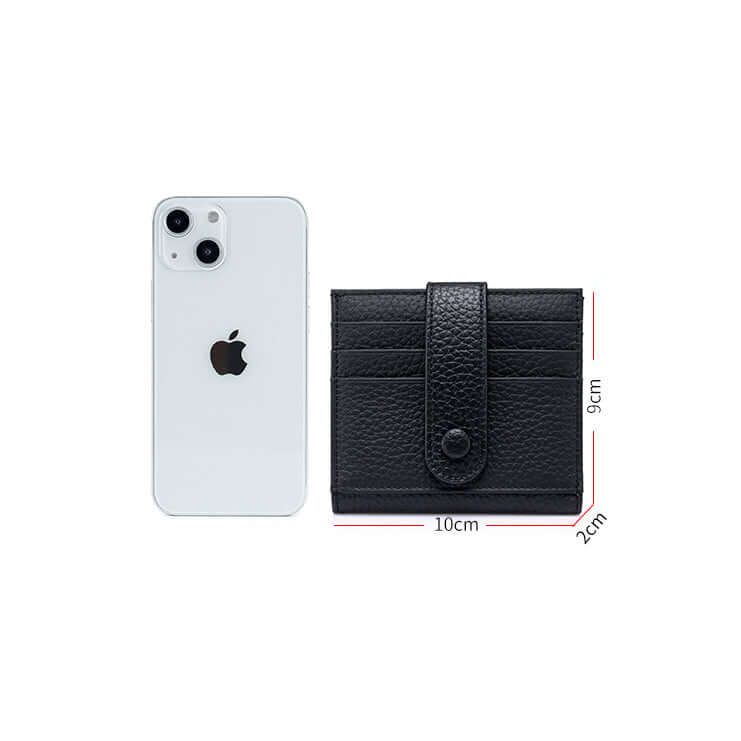 Black leather cardholder next to a white smartphone with measurements indicated.