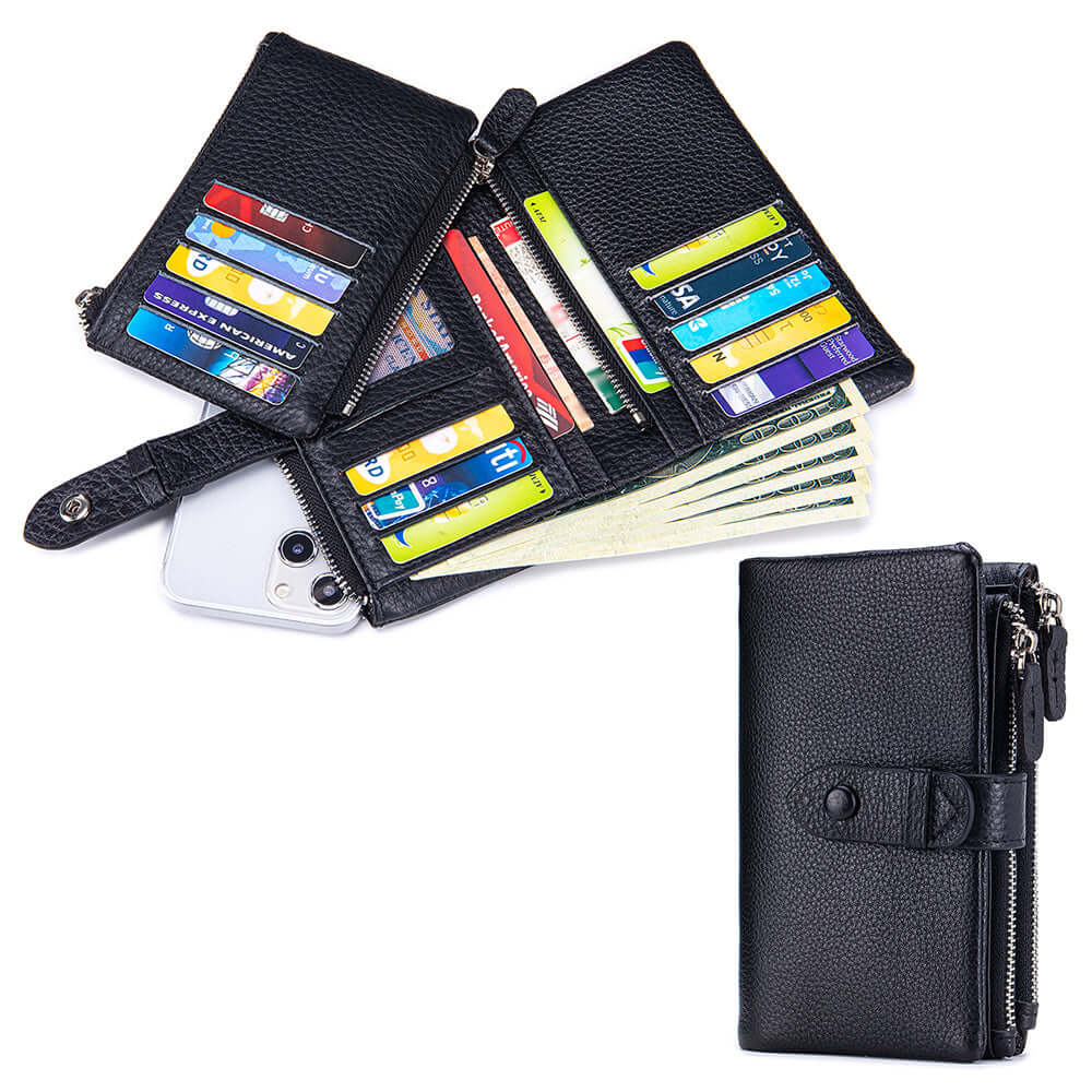 Black multi-card wallet with various cards and money