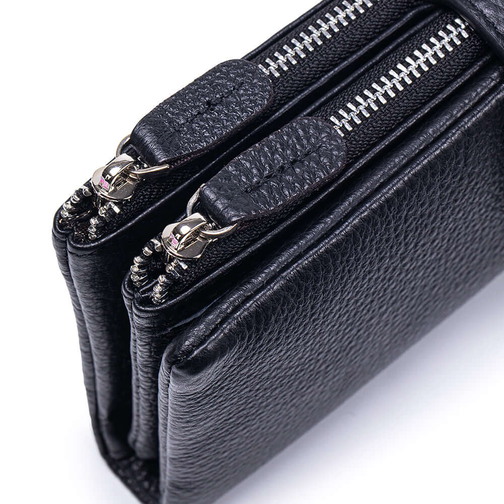 Black leather wallet with multiple zippers