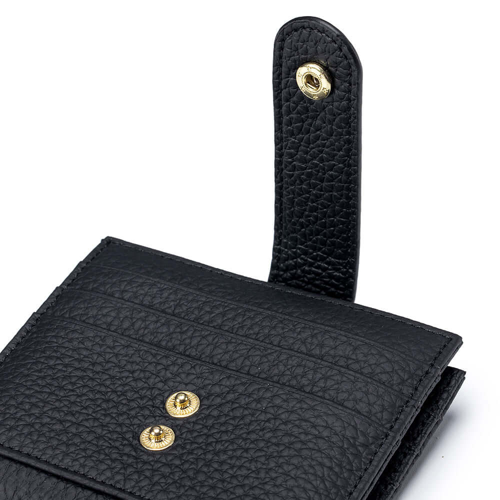 Black leather wallet with gold accents