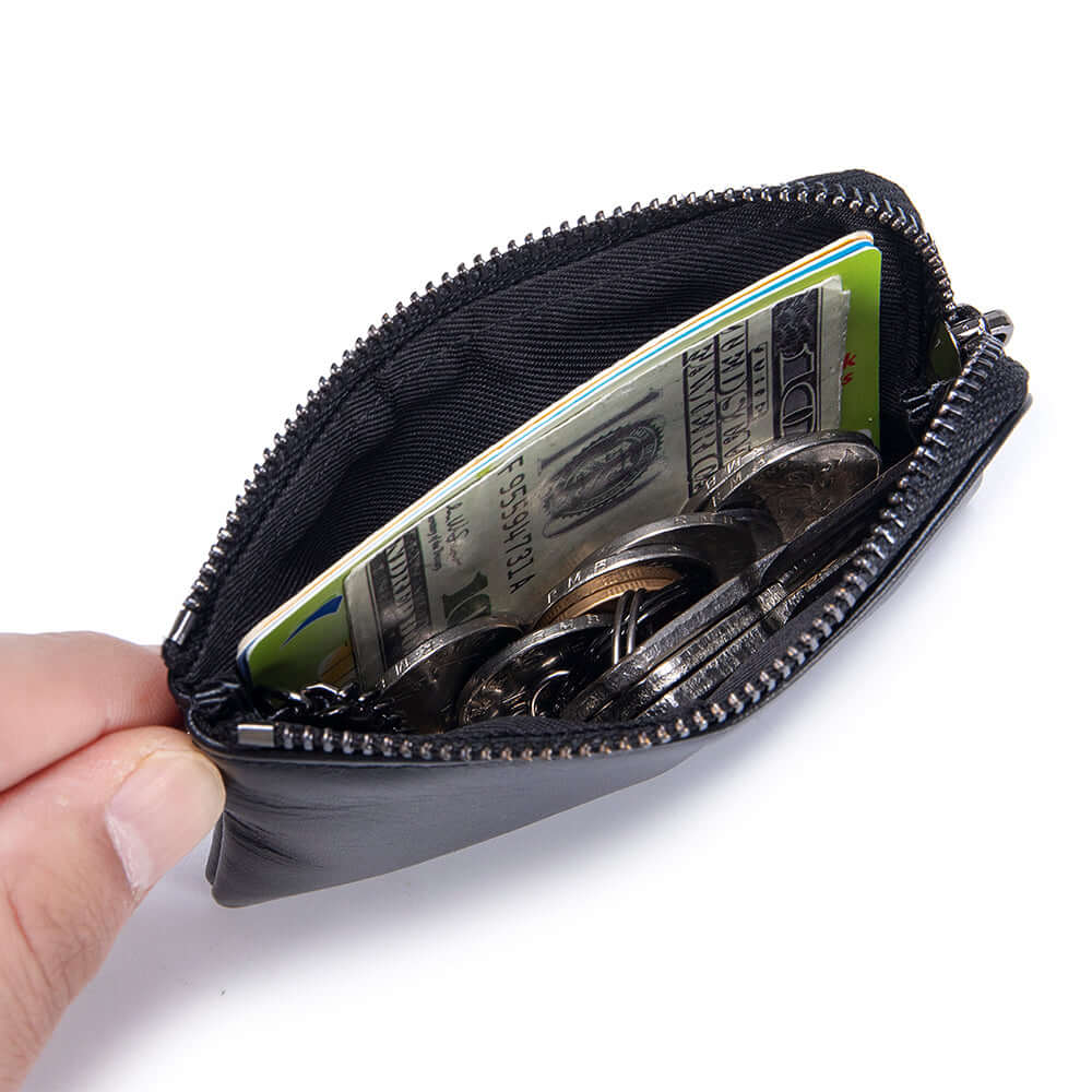 Black zippered pouch containing money and coins.