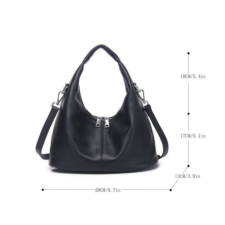 Black leather handbag with measurements.