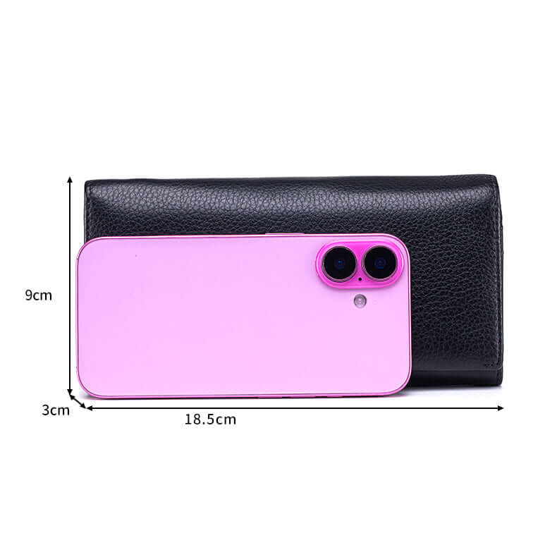 Black clutch bag with pink phone case on a white background, showing dimensions.