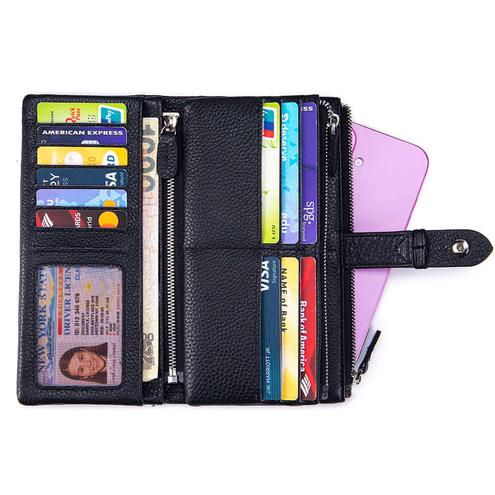 Black wallet with multiple card slots and a zipper pocket