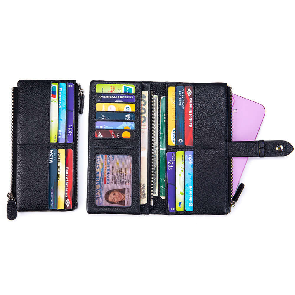 Black wallet with multiple card slots and a zipper pocket