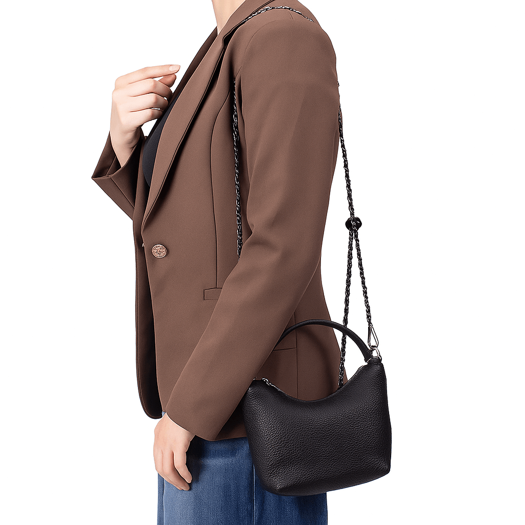 Black leather mini handbag scale reference