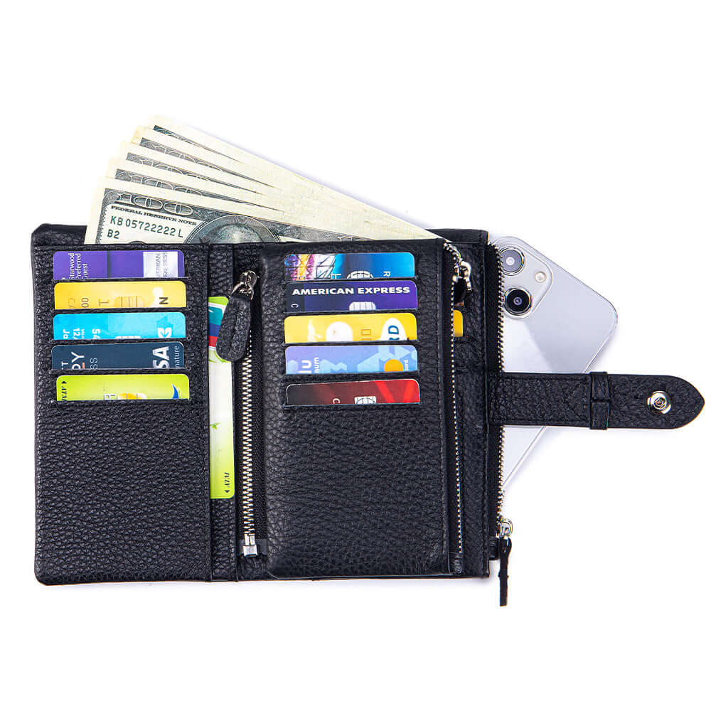 Inside view showing card slots and zippered compartments