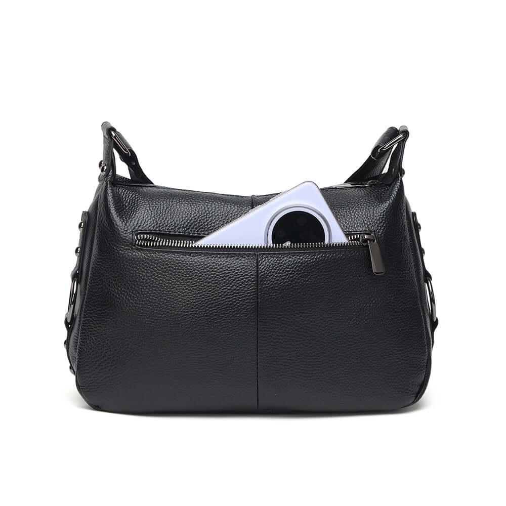 Leather black shoulder bag back compartment display