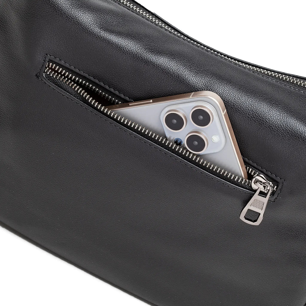 Black leather bag with a zipper pocket containing a smartphone.