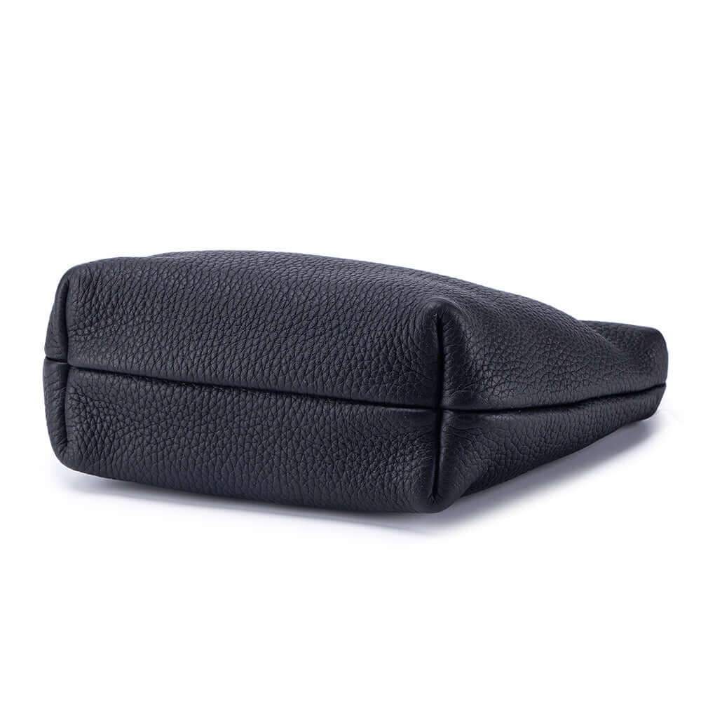 bottom view of black leather crossbody bag