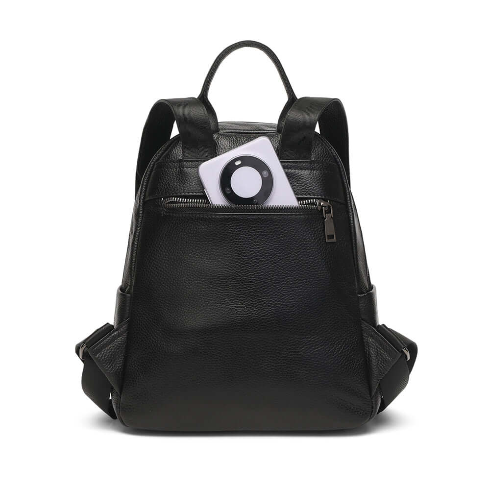 Black leather backpack with a phone in a pocket