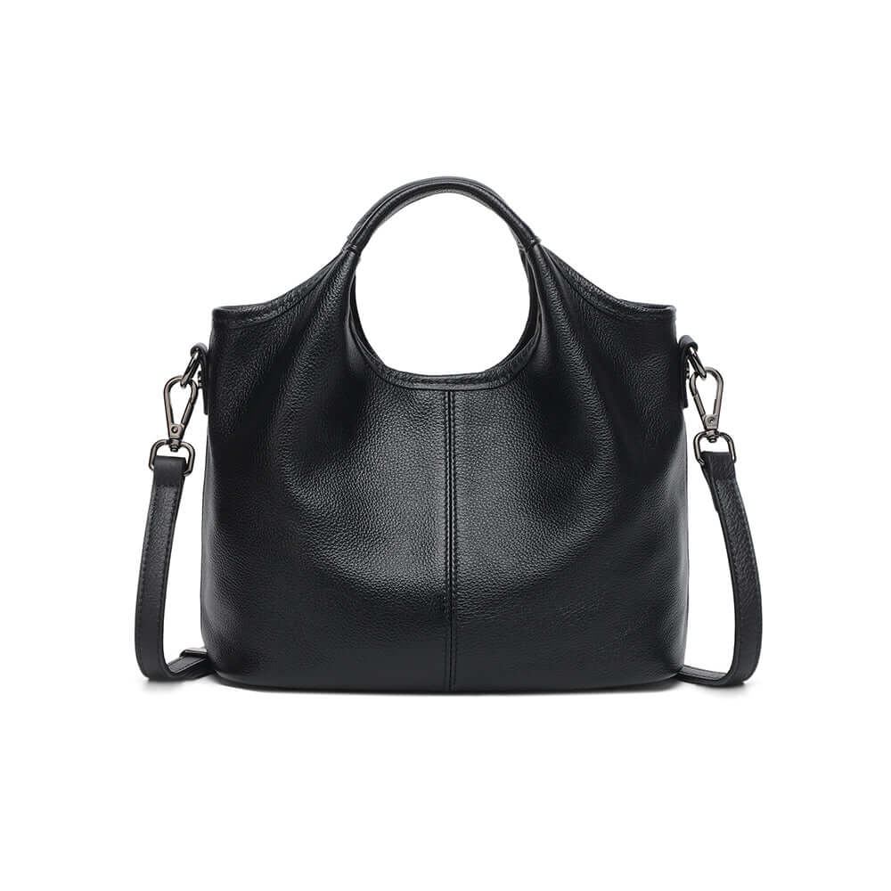 Black leather handbag front view for women