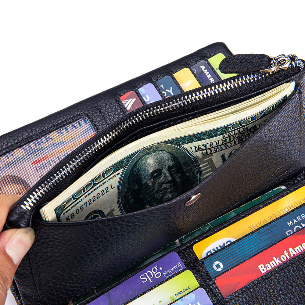 Black wallet with money and cards