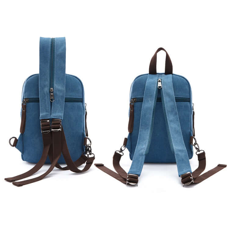 Canvas backpack with adjustable straps for multiple ways to wear