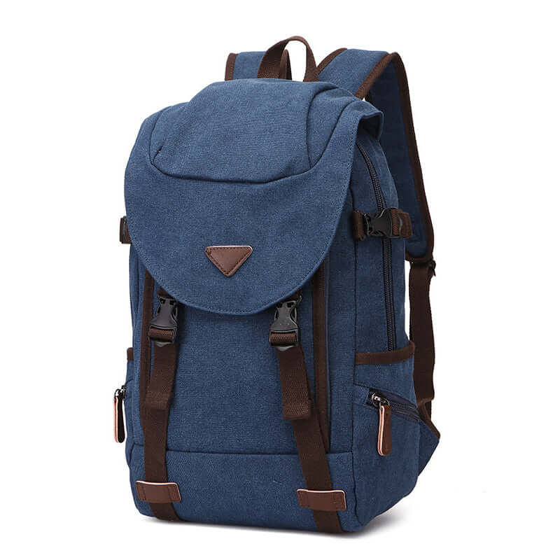 Side view of blue canvas laptop backpack